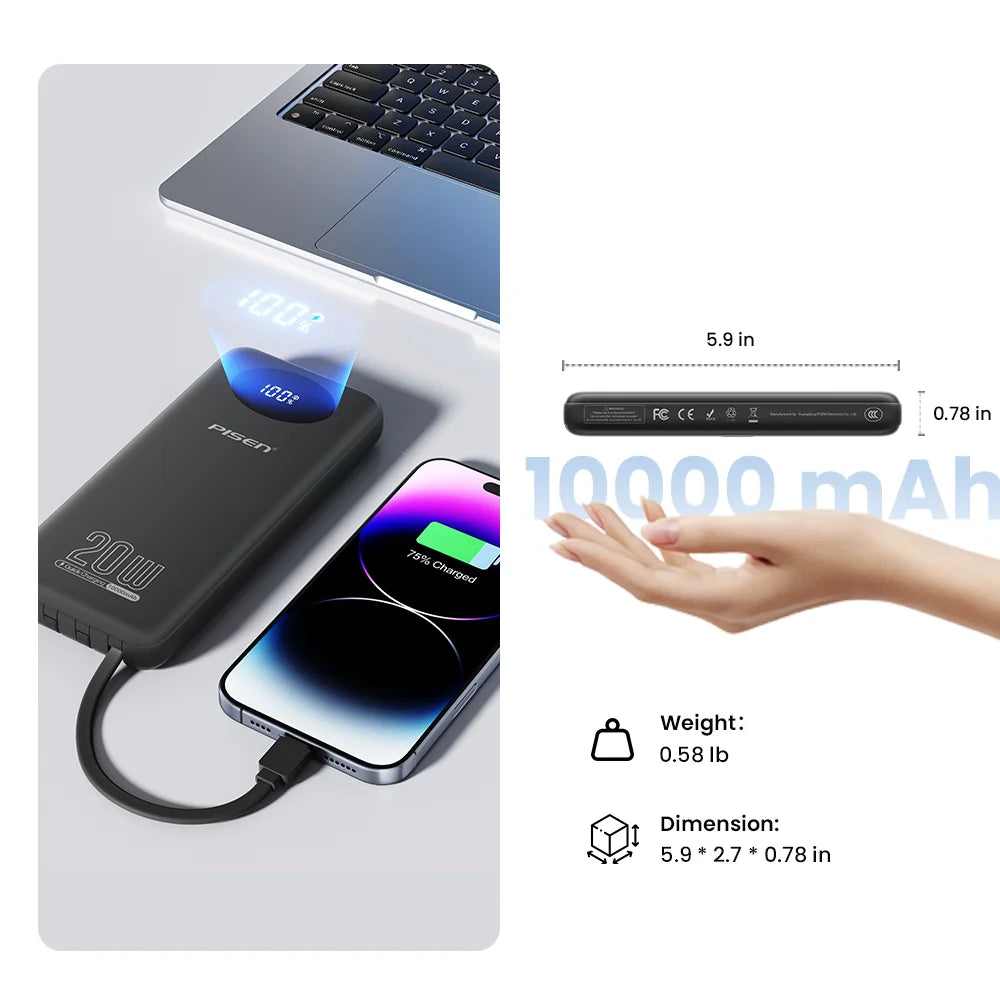 PISEN Power Bank 10000mAh 20W Fast Charging Powerbank With 4 Built-in Cables Smart LED Display For iPhone Samsung Xiaomi iPad Huawei