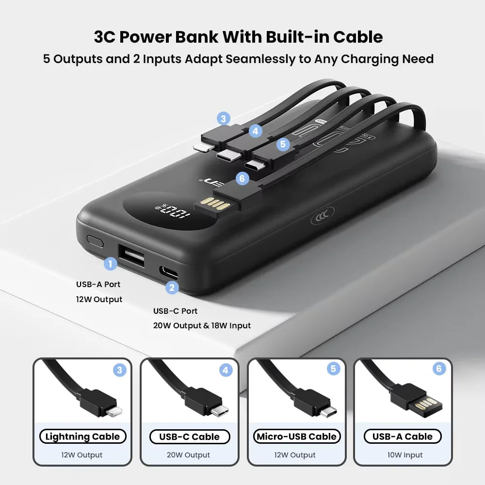 PISEN Power Bank 10000mAh 20W Fast Charging Powerbank With 4 Built-in Cables Smart LED Display For iPhone Samsung Xiaomi iPad Huawei