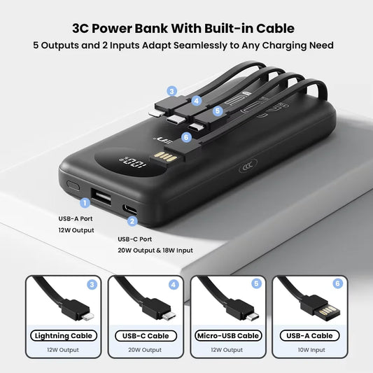 PISEN Power Bank 10000mAh 20W Fast Charging Powerbank With 4 Built-in Cables Smart LED Display For iPhone Samsung Xiaomi iPad Huawei