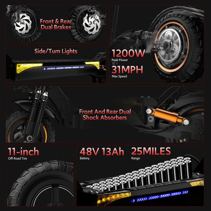 Off Road Electric Scooter, 1200W 25Miles Range 31 MPH,11" All Terrain Tire, Double Suspension,Disc Brakes Dual Suspension E-Scooter for Adults