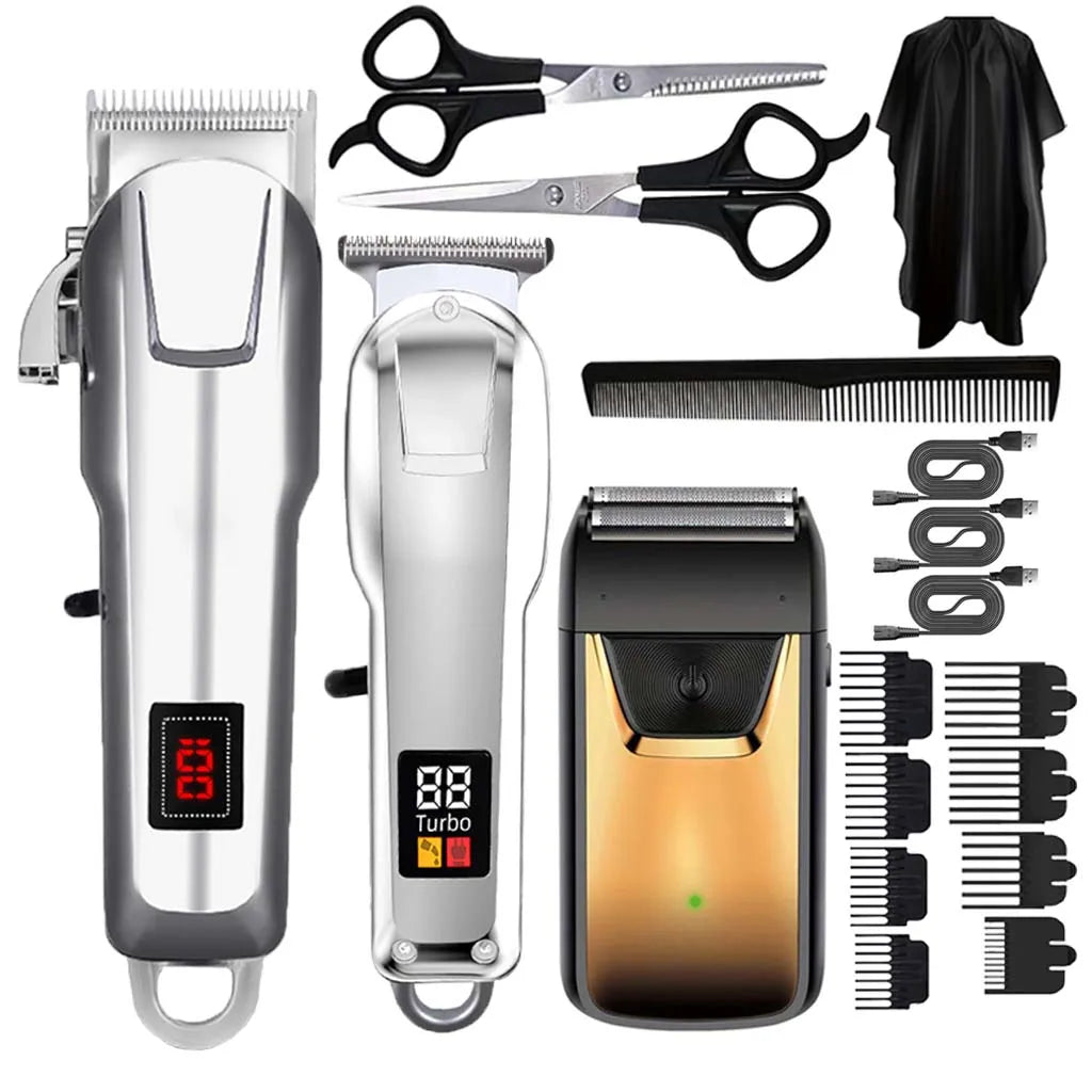 Professional 3-in-1 Hair Clipper Trimmer Set for Men - Electric Shaver Rechargeable Grooming Kit with LED Display Beard Trimming Machine