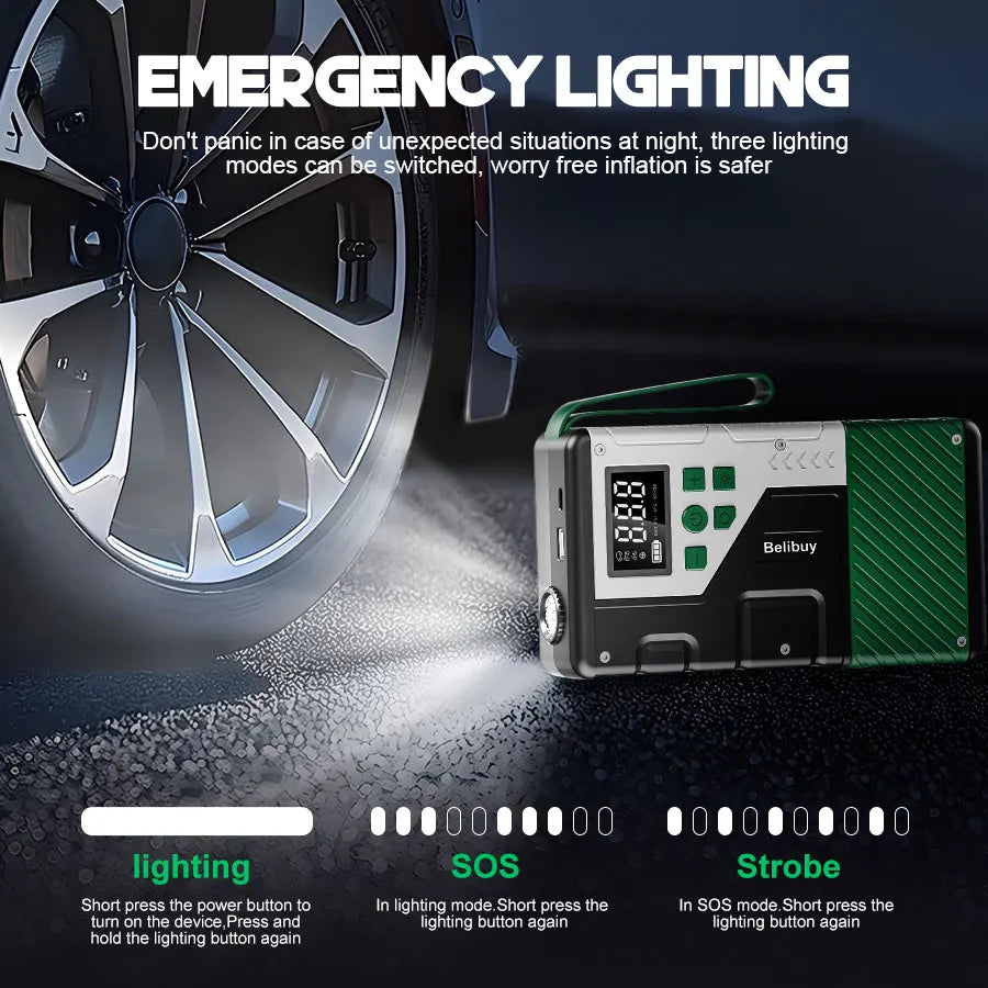 Upgraded 150PSI Portable Car Air Compressor with 7000A Emergency Jump Starter Combo Unit Ideal for Outdoor Camping Use