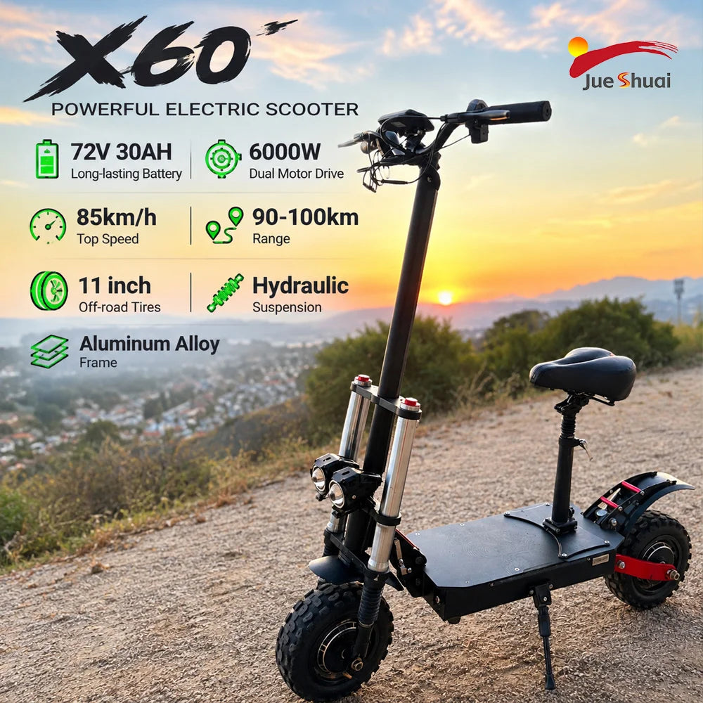 X60 72V 30AH 6000W Dual Motor Electric Scooter 85km/h 90-100km Range 11" Off-Road Tires Overseas Warehouse Shipping