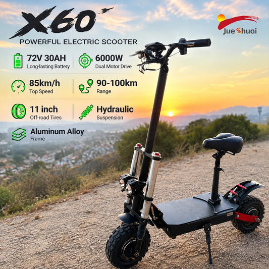 X60 72V 30AH 6000W Dual Motor Electric Scooter 85km/h 90-100km Range 11" Off-Road Tires Overseas Warehouse Shipping