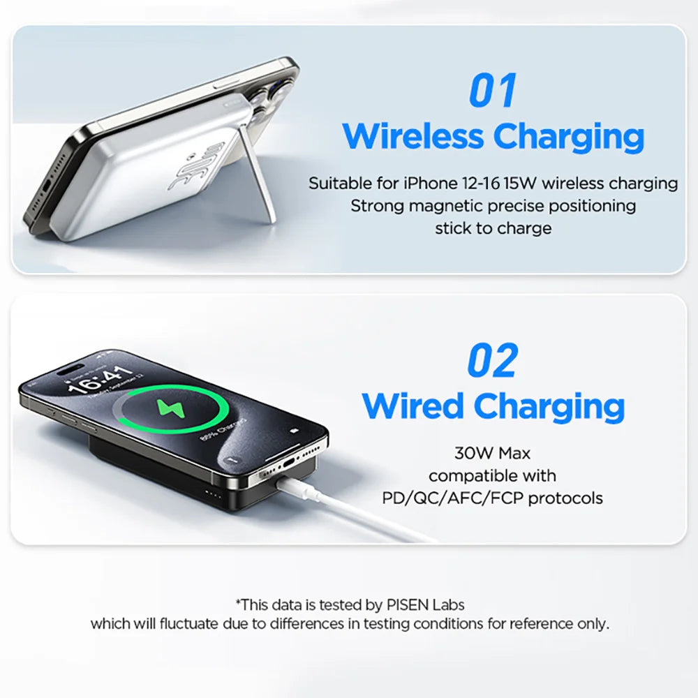 PISEN PD 30W Qi2 15W Wireless Magnetic Power Bank 10000mAh With Stand Fast Charging Powerbank For MagSafe iPhone 17 16 15 14