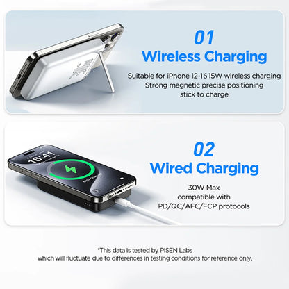 PISEN PD 30W Qi2 15W Wireless Magnetic Power Bank 10000mAh With Stand Fast Charging Powerbank For MagSafe iPhone 17 16 15 14