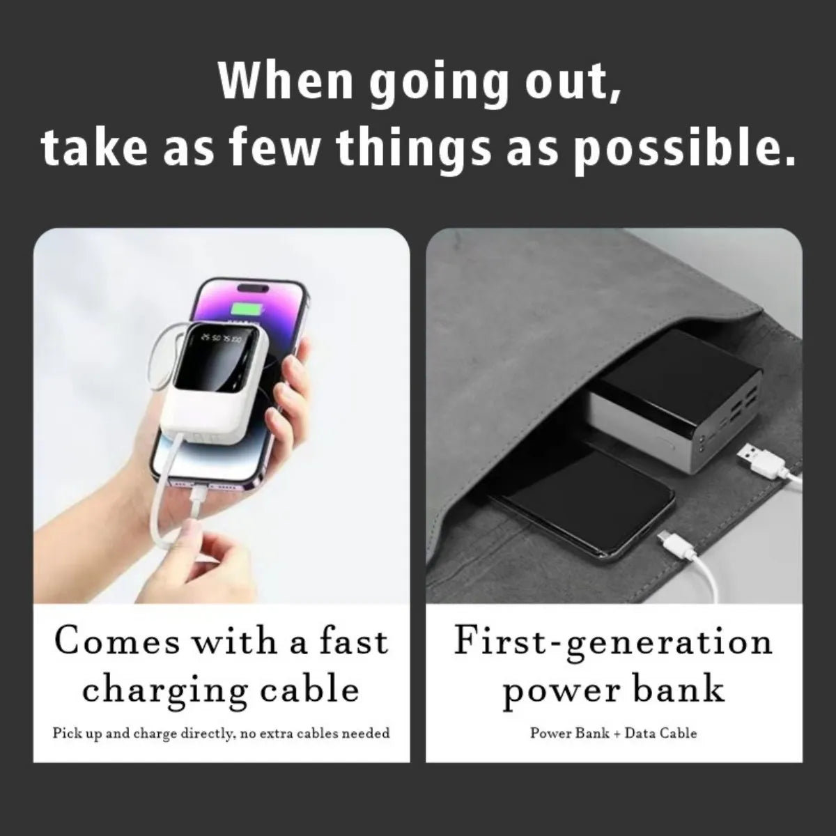 Mini Power Bank with Built‑in Cables, Digital LED Display, Large Capacity Compact Portable Mobile Charger for Phone