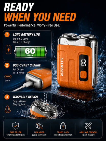 Mini Electric Shaver for Men Portable Rechargeable Beard Shaver USB-C Waterproof Dual Blade Razor with LED Display Travel
