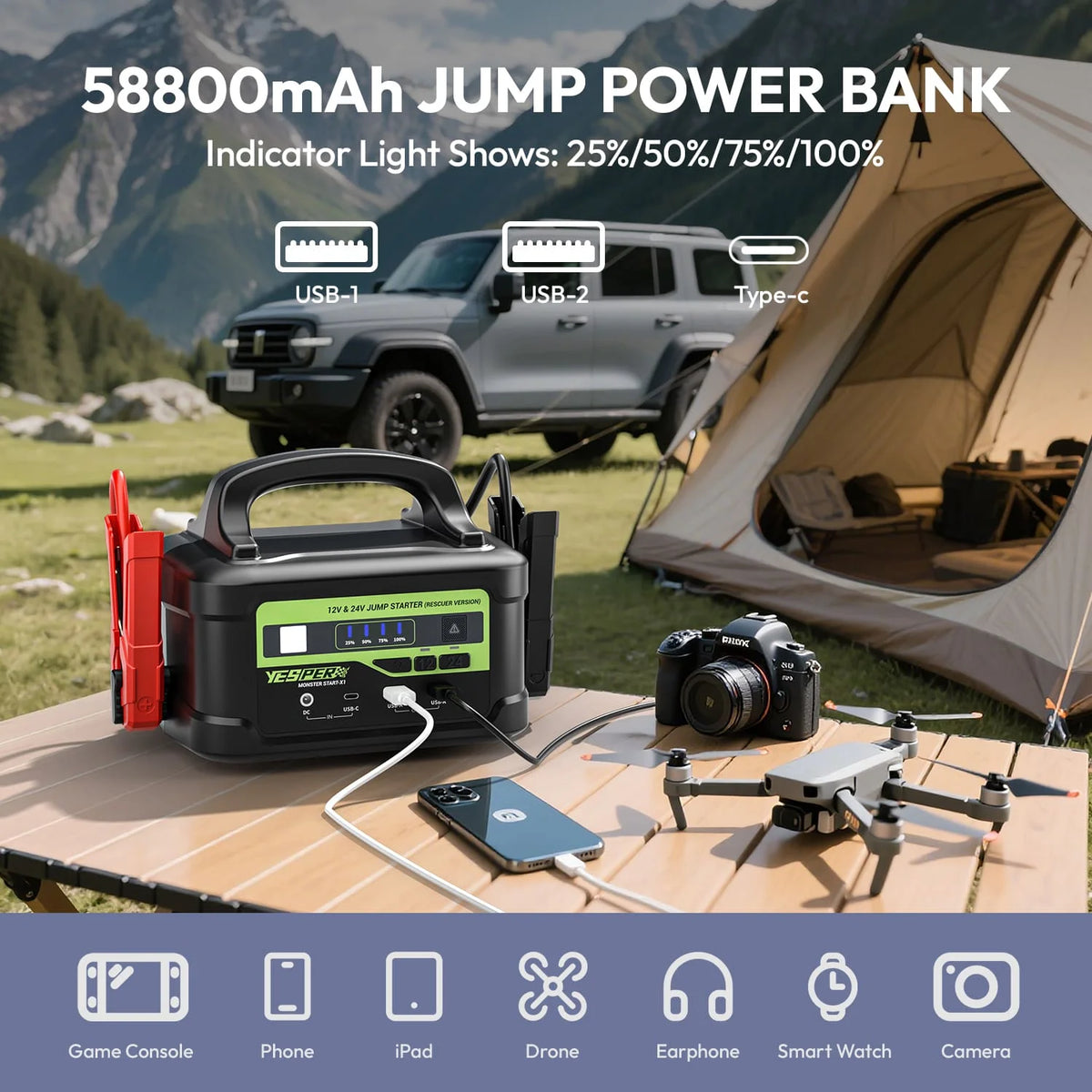 YESPER 6000A Peak 12V/24V Heavy Duty Truck Jump Starter, 58800mAh Portable Power Station, Car Battery Booster Jump Box