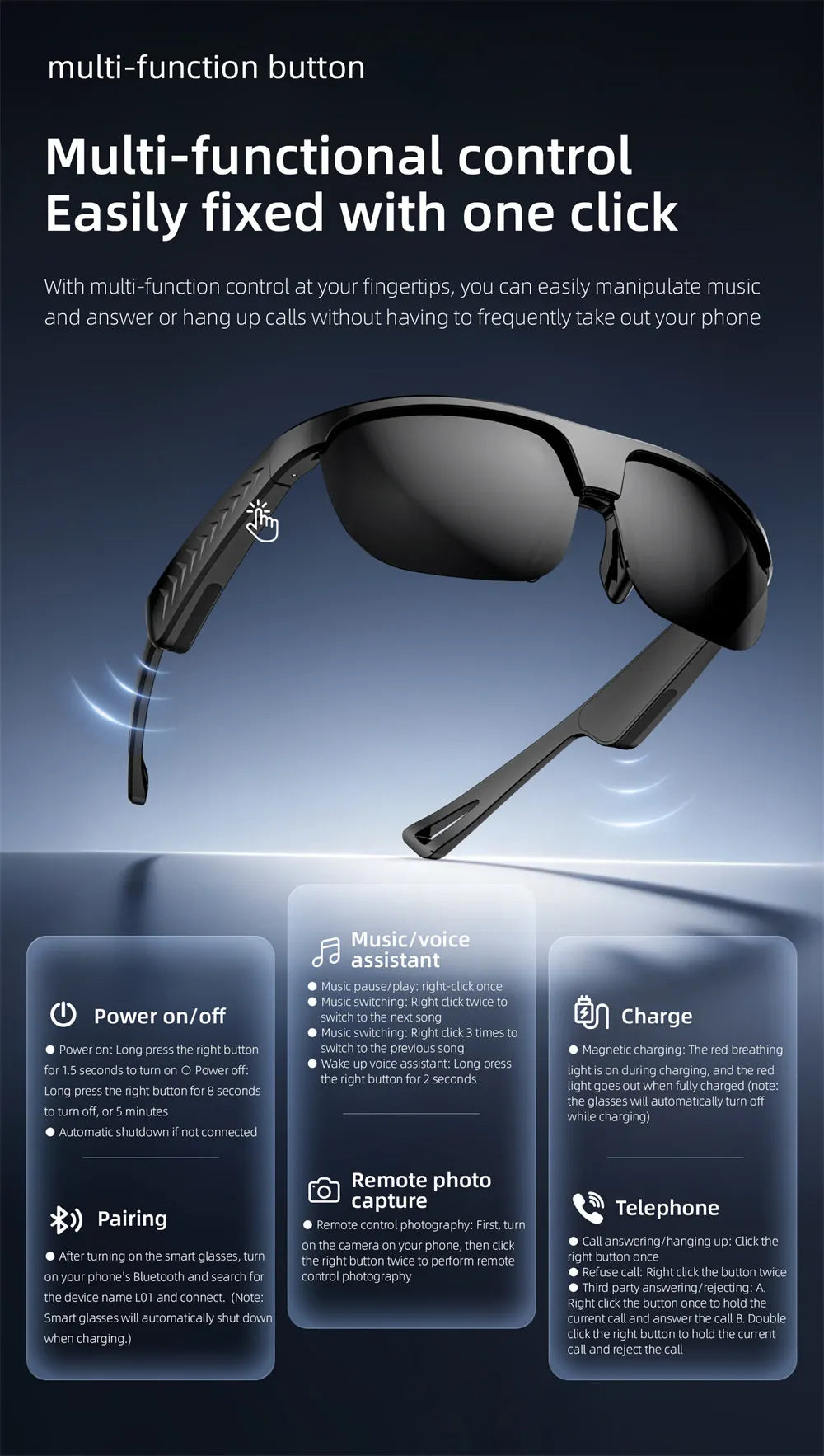 LOKMAT L01 Smart Bluetooth Glasses, Open-Ear Audio Sunglasses with Bluetooth 5.3, Touch Control, Wireless Music & Calls, GPS Navigation Support, Comfortable Fit for Sports, Outdoor Activities & Everyday Use