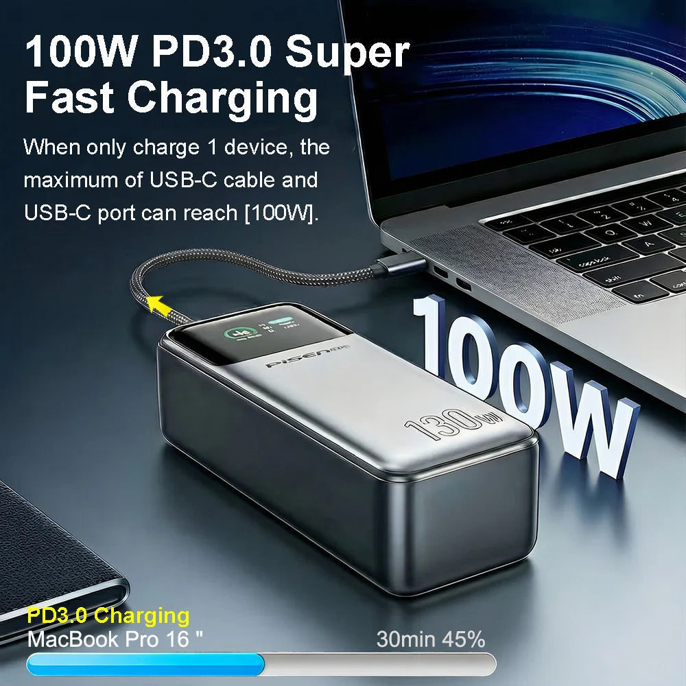 PISEN 130W Power Bank With Fast Charging USB-C Cable 20000mAh PD3.0 Powerbank for Laptop Notebook iPhone External Battery