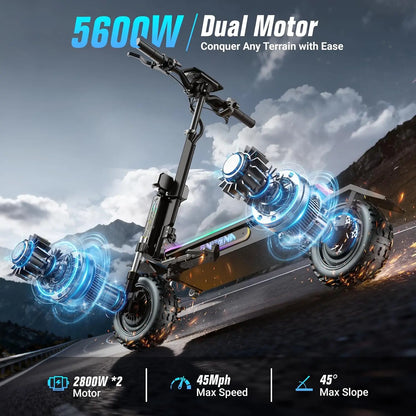 ONECNA GT7 Electric Scooters Adults- 5600W Dual Motor, 45 MPH Fast Escooter 55 Miles Long Range Battery E Scooter for Adult, 11 Inches Off Road Tires Foldable E-Scooters