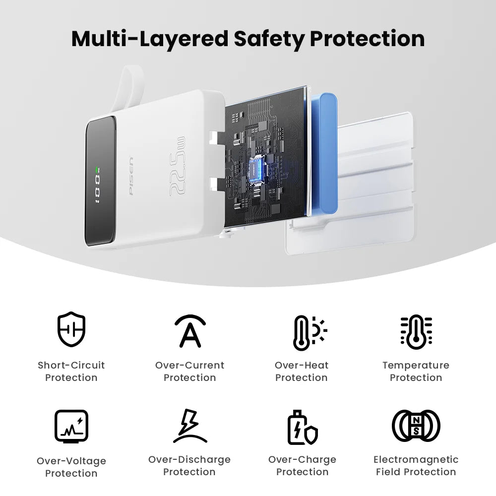 PISEN 22.5W Power Bank 10000mAh With Built-in Type C/L Cables Fast Charging Powerbank LED Display, Portable Charger For iPhone Samsung