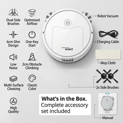 Robot Vacuum Cleaner, 3-in-1 Mini Smart Sweeping Mopping Vacuum Machine, 6cm Ultra-Thin Automatic Floor Sweeper for Pet Hair, Hardwood, Tile, Quiet One-Touch Operation, Slim Design for Under Furniture