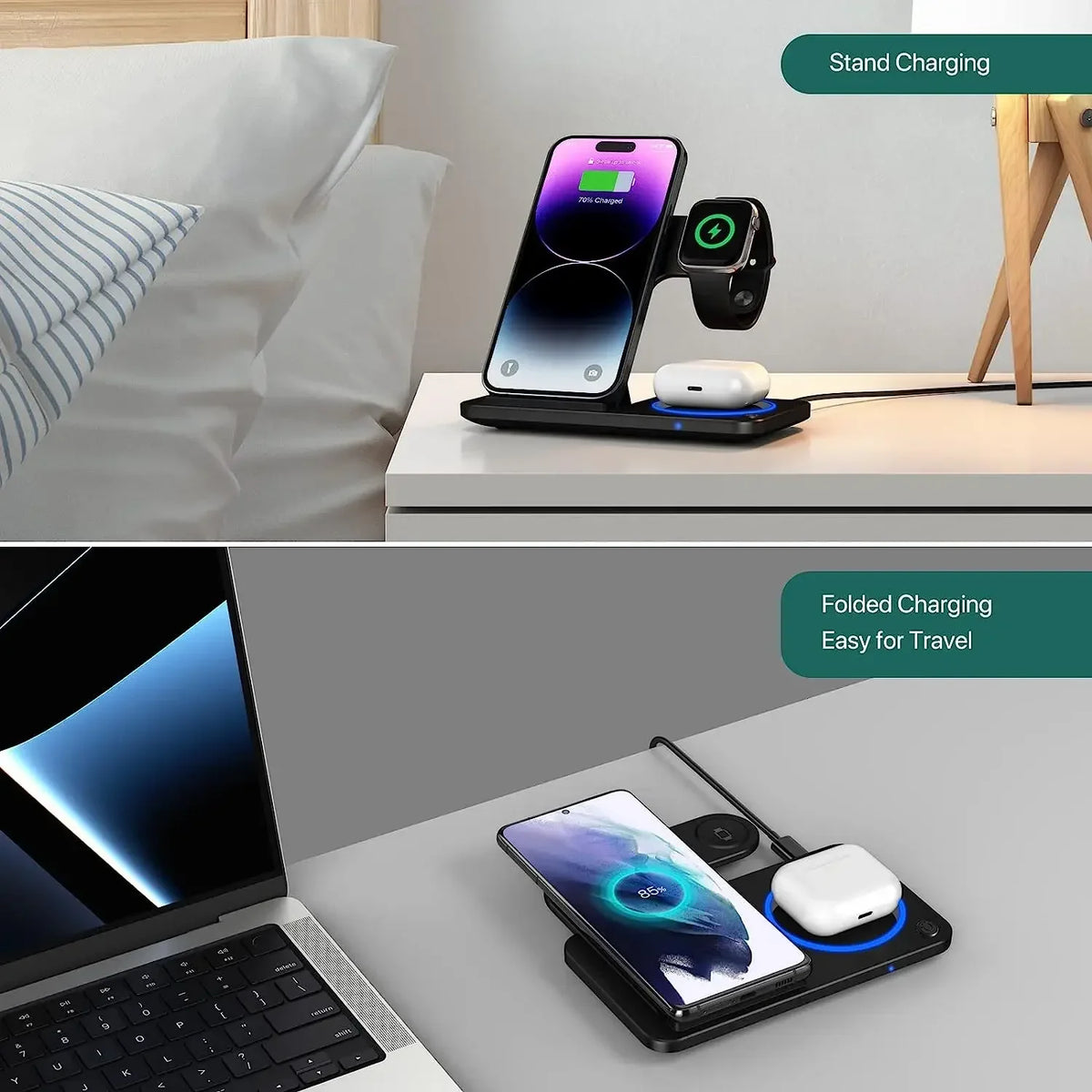 30W 3 in 1 Fast Wireless Charger Stand Foldable Wireless Charging for IPhone 15 14 13 12 11 Apple Watch 9 8 7 6 5 Airpods Pro