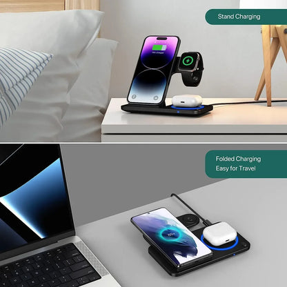 30W 3 in 1 Fast Wireless Charger Stand Foldable Wireless Charging for IPhone 15 14 13 12 11 Apple Watch 9 8 7 6 5 Airpods Pro