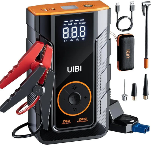 4-IN-1 Car Jump Starter with Air Compressor Peak 1500A Auto Battery Booster 150PSI Air Pump Portable Power Bank Tire Inflator