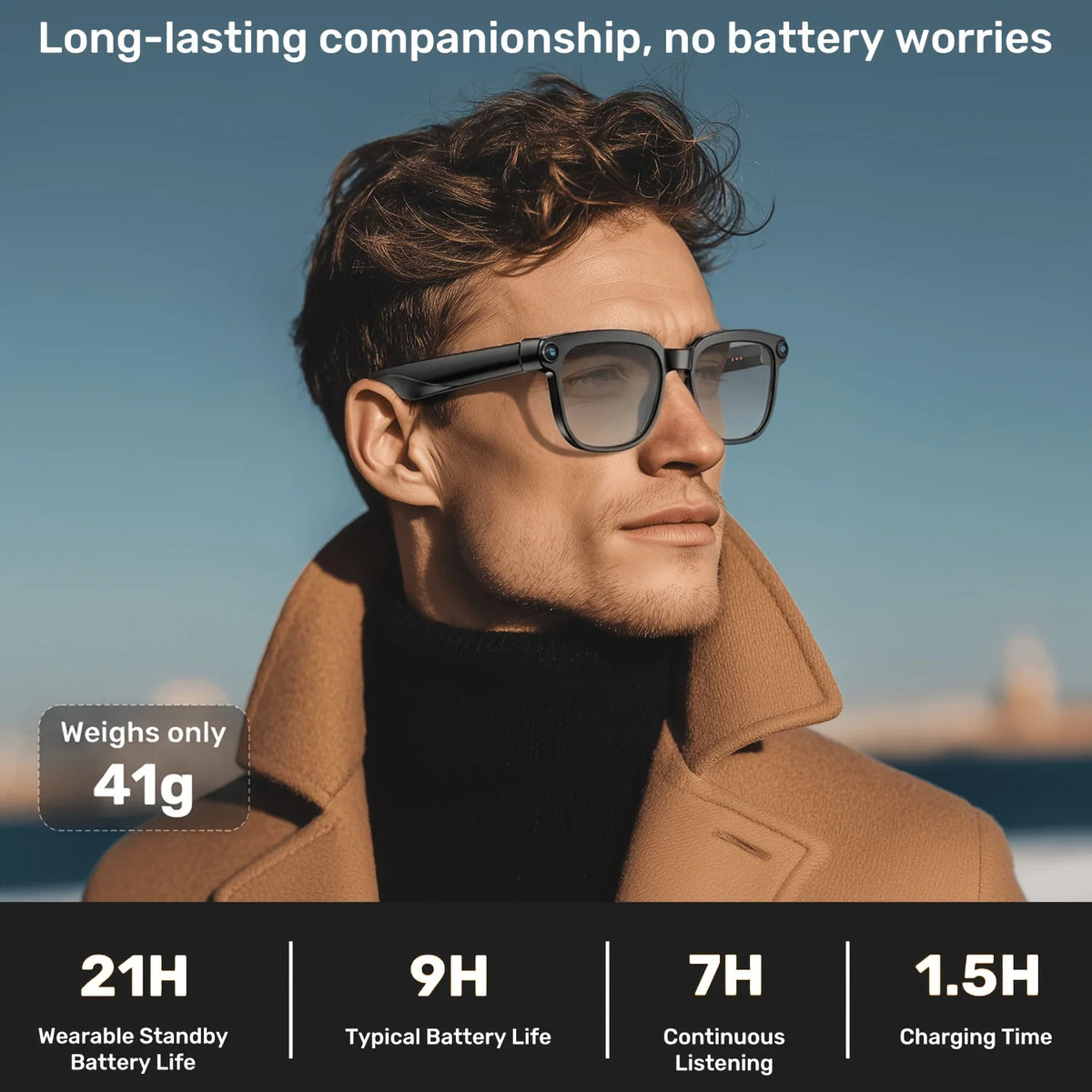 Smart camera glasses, 8-megapixel HD video recording glasses (with audio), Bluetooth-enabled photo-sensitive color-changing lenses, real-time translation, voice assistant, object recognition, and hands-free music and calls.