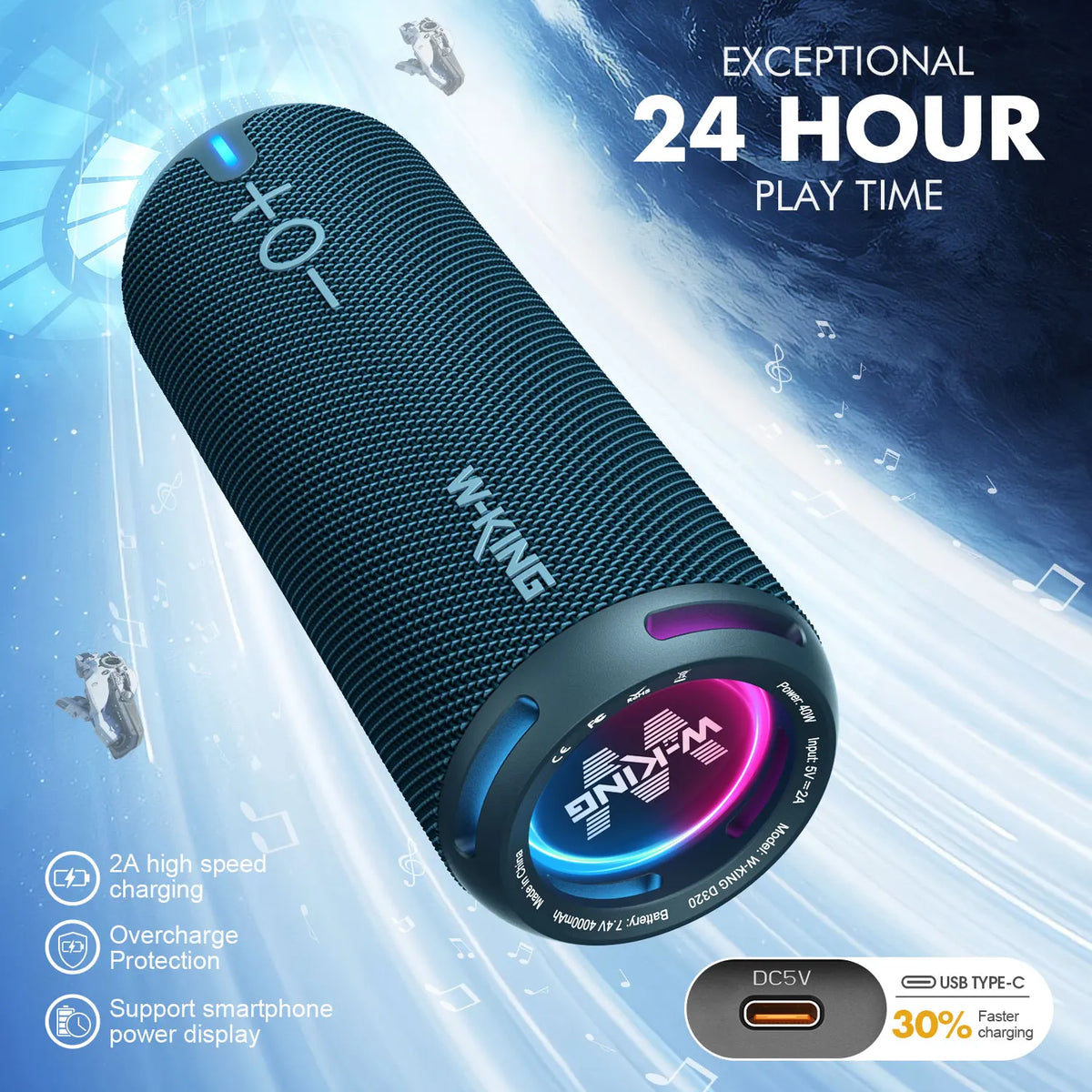 W-KING D320 Blue Bluetooth Speaker 40W Portable Wireless IP67 Waterproof Bluetooth 5.3 Deep Bass 24H Playtime Stereo Speaker