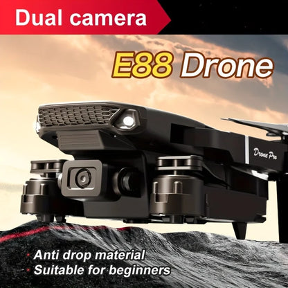 FACEGLE upgraded E88 dual camera drone, dual cameras, fixed altitude hover, smoother flight, one click stunt roll, headless mode, LED lights, protective frame, one click control, suitable for beginners, foldable quadcopter, b