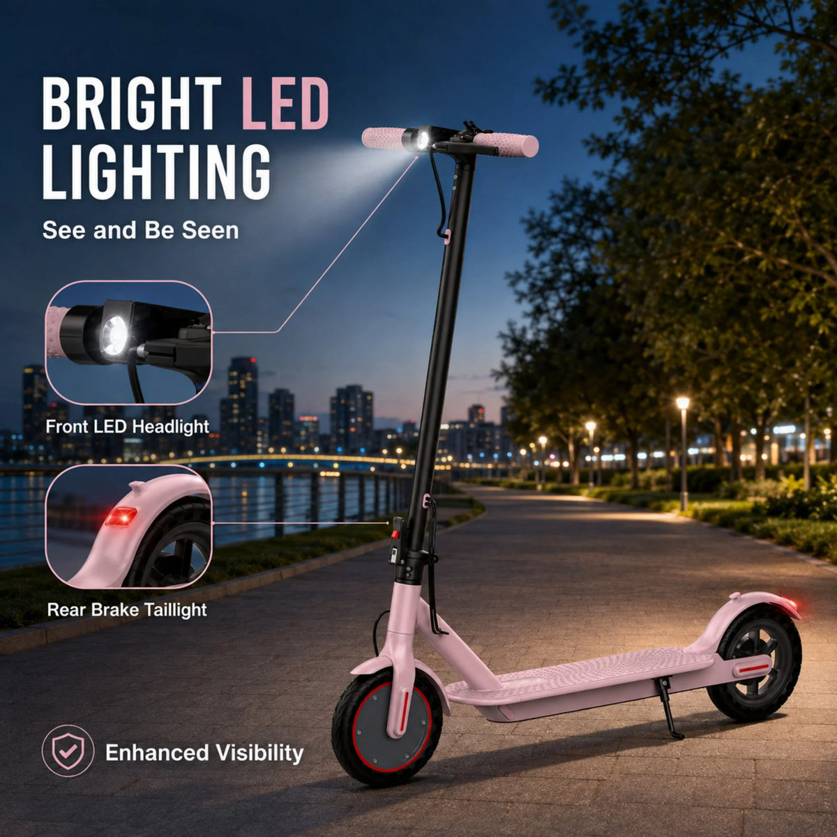 8.5inch Pink Electric Scooter, 19 MPH Top Speed, 16 Miles Range, 350W Motor, Lightweight Foldable E Scooter for Adults and Teens