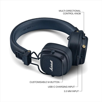 Marshall Major V Wireless On-Ear Bluetooth Headphones , 100+ Hours Playtime, Bluetooth 5.3, Wireless Charging, 40mm Dynamic Drivers, 3.5mm Audio, Built-in Mic, Foldable Design, M-Button, Multipoint USB-C, EQ