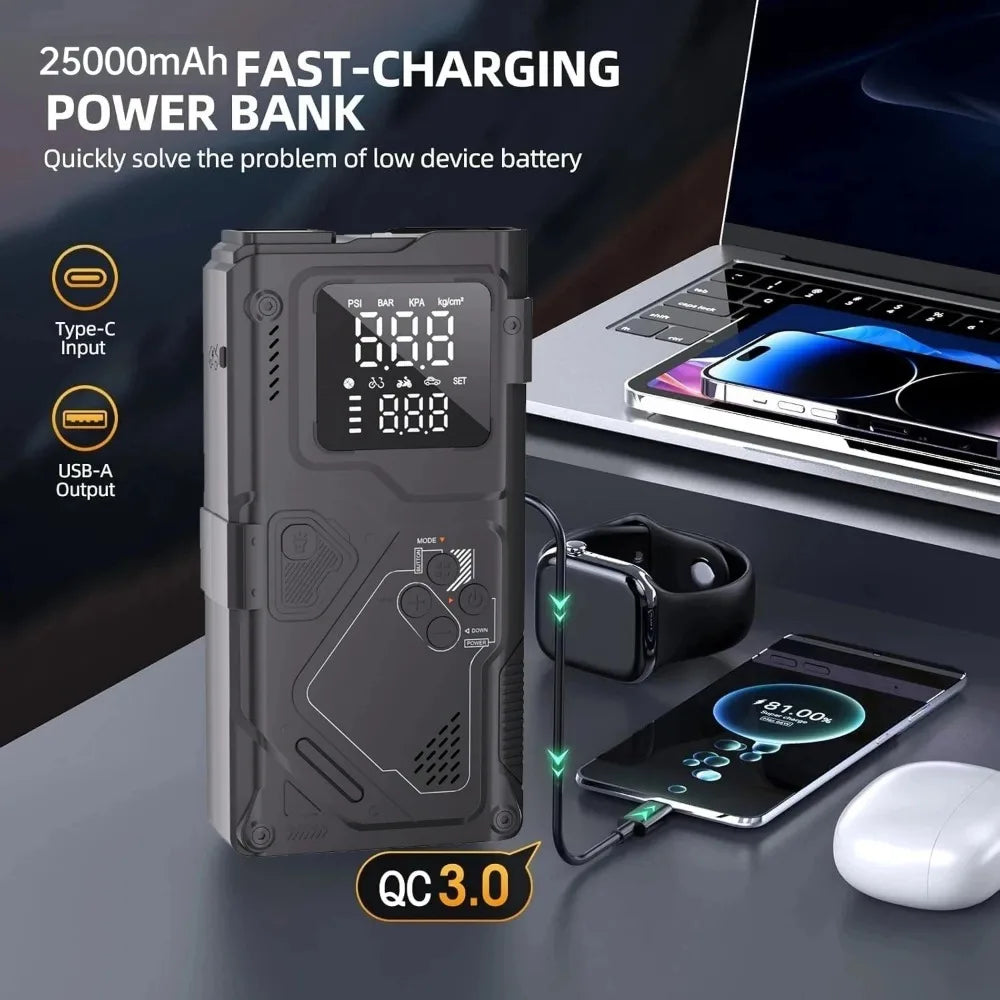 6 in 1 Jump Starter with Air Pump Peak 5000A Booster 150PSI Tire Inflator 8L Gas/4L Diesel with DC Power Cord 400LM Flashlight