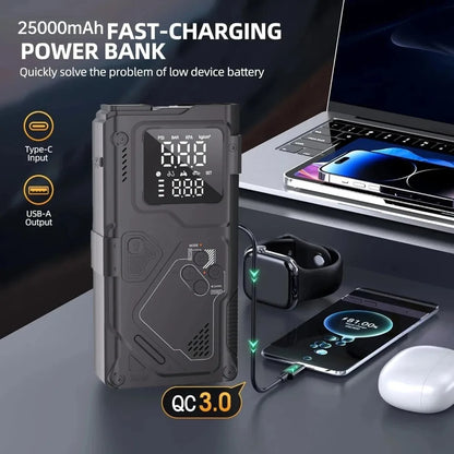 6 in 1 Jump Starter with Air Pump Peak 5000A Booster 150PSI Tire Inflator 8L Gas/4L Diesel with DC Power Cord 400LM Flashlight