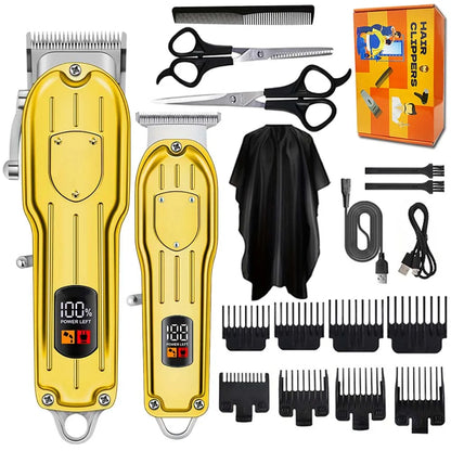 Professional Electric Hair Clipper Set with LED Display, USB Rechargeable Beard Trimmer & Foil Shaver for Men – Includes Guards, Scissors, Comb & Cape