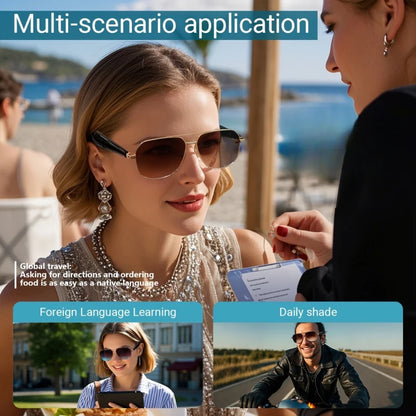 AI Translation Glasses, wireless smart glasses, support for over 100 languages, blue light-blocking lenses, built-in microphone/speaker, open-ear music and high-definition calls, photo capture control, USB magnetic charging,
