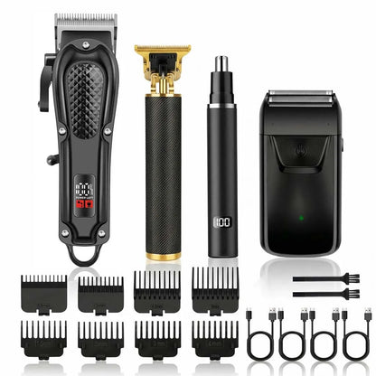 4 in 1 Men's Hair Clipper Set, Cordless Electric Trimmer, Foil Shaver & Nose Trimmer Kit,Beard Cutter, USB Rechargeable Grooming Kit with LED Display, Multiple Guide comb