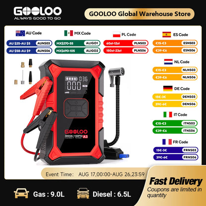 GOOLOO A3 Jump Starter with Air Compressor, 3000A Portable Car Battery Booster (9.0 Gas/6.5L Diesel) with 150PSI Auto-Shutoff Ti