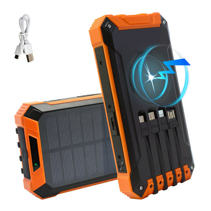 20000mAh Portable Solar Power Bank Dual LED Lights 4 Built-in Cables Fast Charging for iPhone Android Phones AirPods