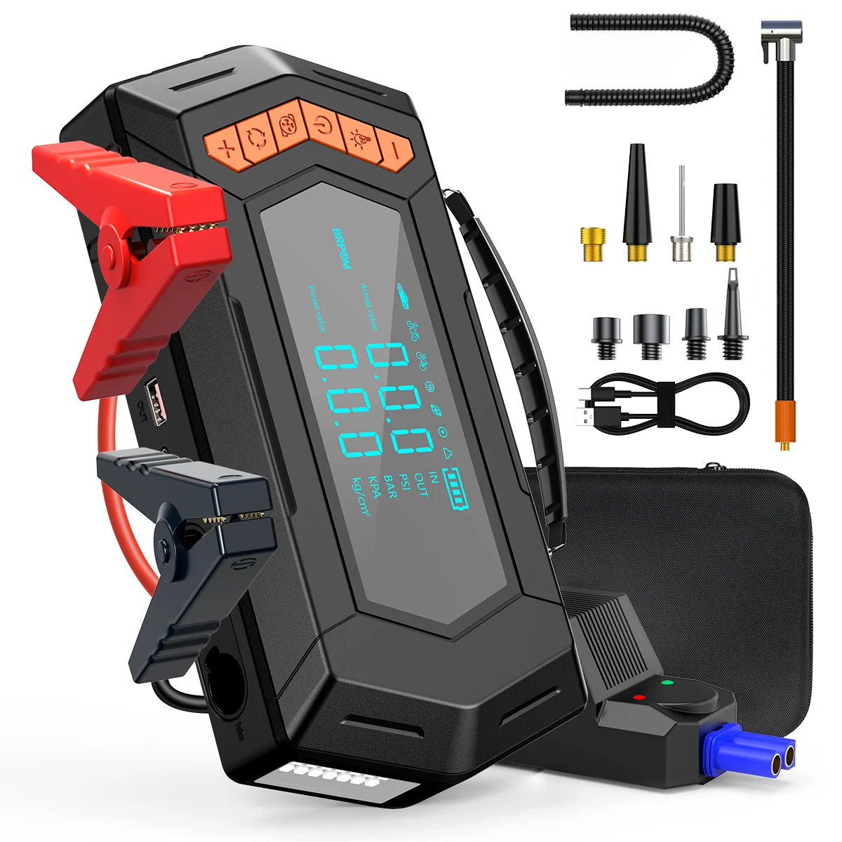 8500A/9000A Peak Current, 150 PSI Multi-Functional Portable Car Battery Starter, Compressor, and Air Injector/Portable Compressor with LED Display (ALL GAS, 8.0L Diesel)