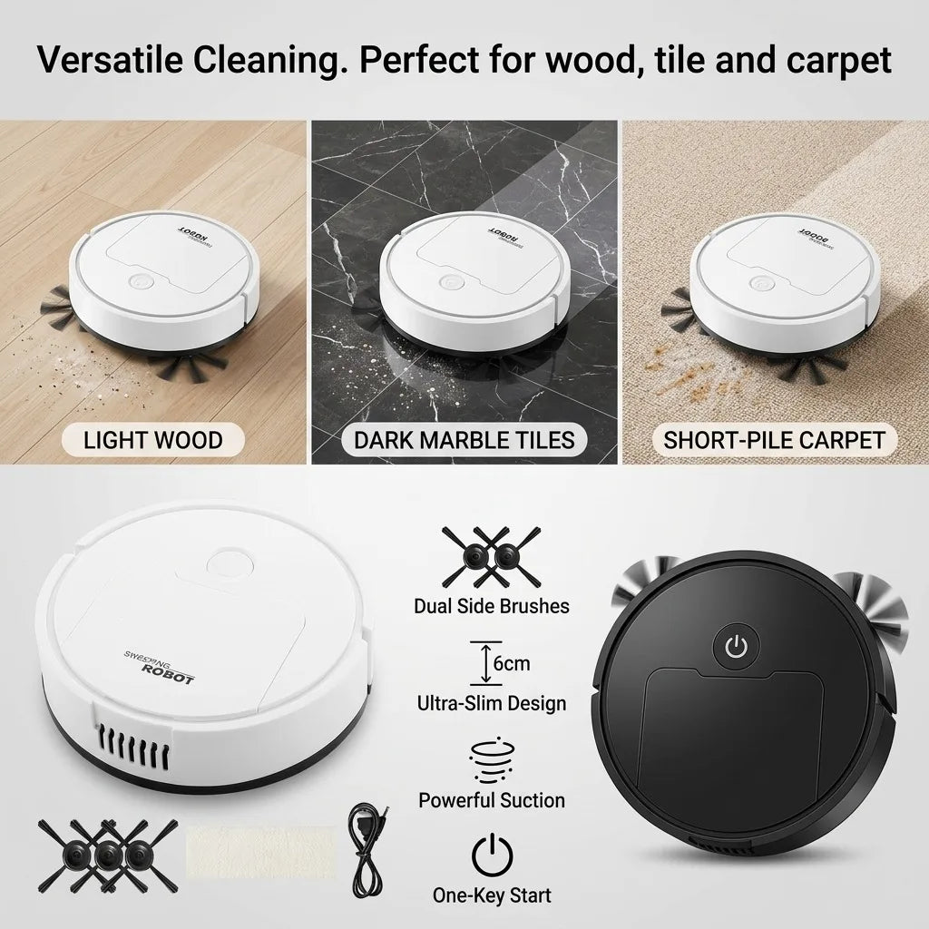 Robot Vacuum Cleaner, 3-in-1 Mini Smart Sweeping Mopping Vacuum Machine, 6cm Ultra-Thin Automatic Floor Sweeper for Pet Hair, Hardwood, Tile, Quiet One-Touch Operation, Slim Design for Under Furniture