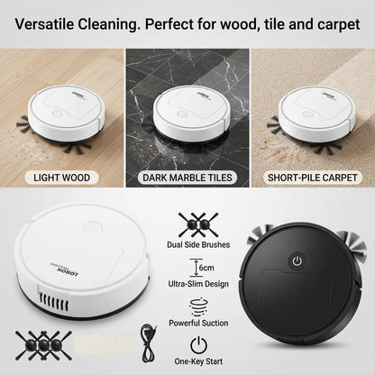 Robot Vacuum Cleaner, 3-in-1 Mini Smart Sweeping Mopping Vacuum Machine, 6cm Ultra-Thin Automatic Floor Sweeper for Pet Hair, Hardwood, Tile, Quiet One-Touch Operation, Slim Design for Under Furniture