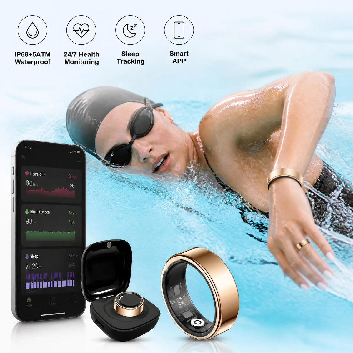 Smart Ring Stainless Steel Fitness Tracker, Bluetooth Health Ring with Heart Rate, Blood Oxygen SpO2 & Sleep Monitoring, IP68 Waterproof Smart Ring for Men Women, No Monthly Subscription, iOS Android Compatible