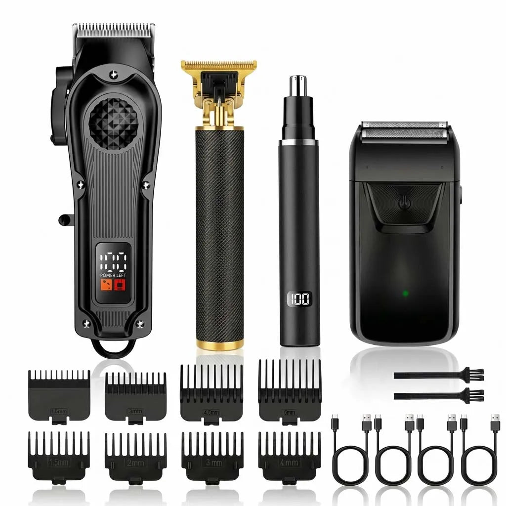 4 in 1 Men's Hair Clipper Set, Cordless Electric Trimmer, Foil Shaver & Nose Trimmer Kit,Beard Cutter, USB Rechargeable Grooming Kit with LED Display, Multiple Guide comb