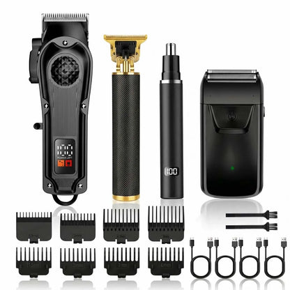 4 in 1 Men's Hair Clipper Set, Cordless Electric Trimmer, Foil Shaver & Nose Trimmer Kit,Beard Cutter, USB Rechargeable Grooming Kit with LED Display, Multiple Guide comb