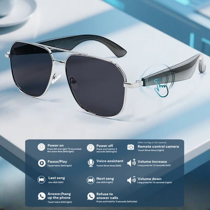 AI Translation Glasses, wireless smart glasses, support for over 100 languages, blue light-blocking lenses, built-in microphone/speaker, open-ear music and high-definition calls, photo capture control, USB magnetic charging,