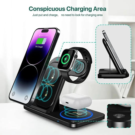 30W 3 in 1 Fast Wireless Charger Stand Foldable Wireless Charging for IPhone 15 14 13 12 11 Apple Watch 9 8 7 6 5 Airpods Pro
