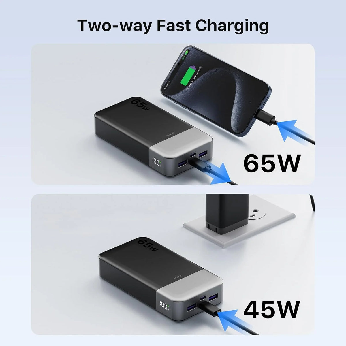 JUOVI Power Bank 65W 20000mAh Laptop Portable Charger, PD QC Fast Charging External Battery Pack for MacBook iPad Tablet iPhone