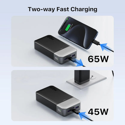 JUOVI Power Bank 65W 20000mAh Laptop Portable Charger, PD QC Fast Charging External Battery Pack for MacBook iPad Tablet iPhone