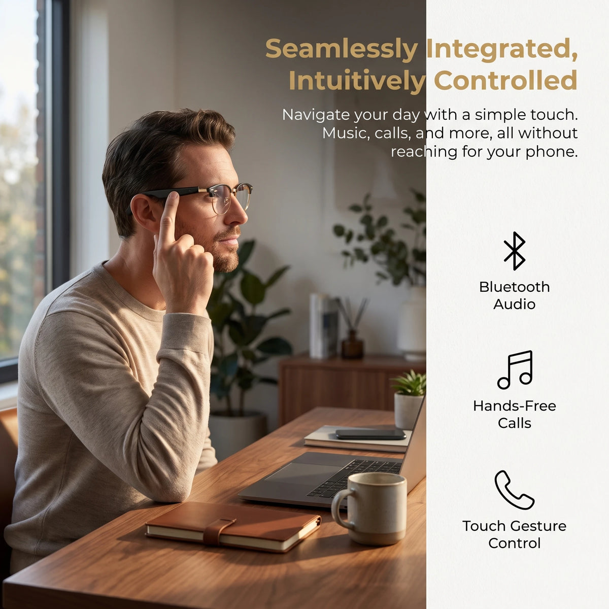 Photochromic AI Smart Audio Glasses for Unisex, Hi‑Fi Sound Quality Eyeglasses with HD Hands‑Free Call Function, Great for Sports, Outdoor and Everyday Office Scenarios