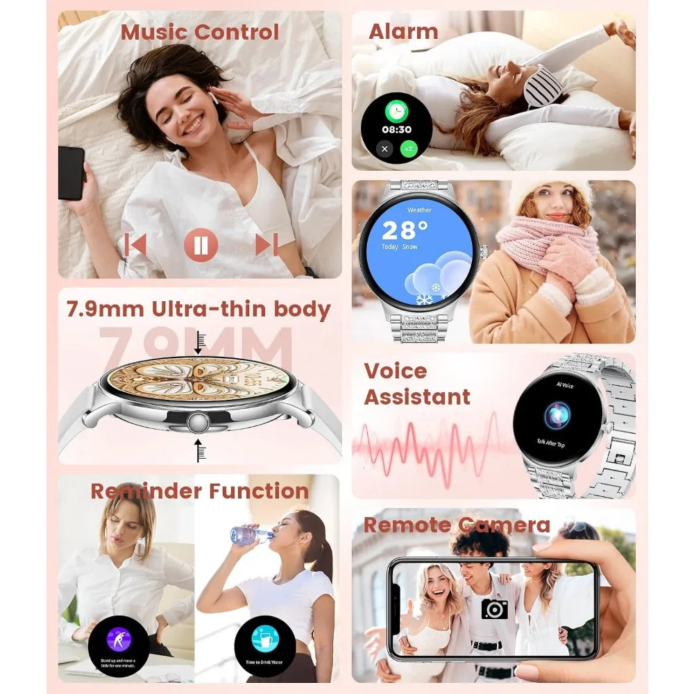 Ultra-Thin 1.43" Display Smart Watch for Women with Bluetooth Connectivity, Health Tracking, & Sports Modes - 2 Straps (Silver)