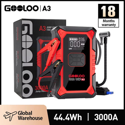 GOOLOO A3 Jump Starter with Air Compressor, 3000A Portable Car Battery Booster (9.0 Gas/6.5L Diesel) with 150PSI Auto-Shutoff Ti