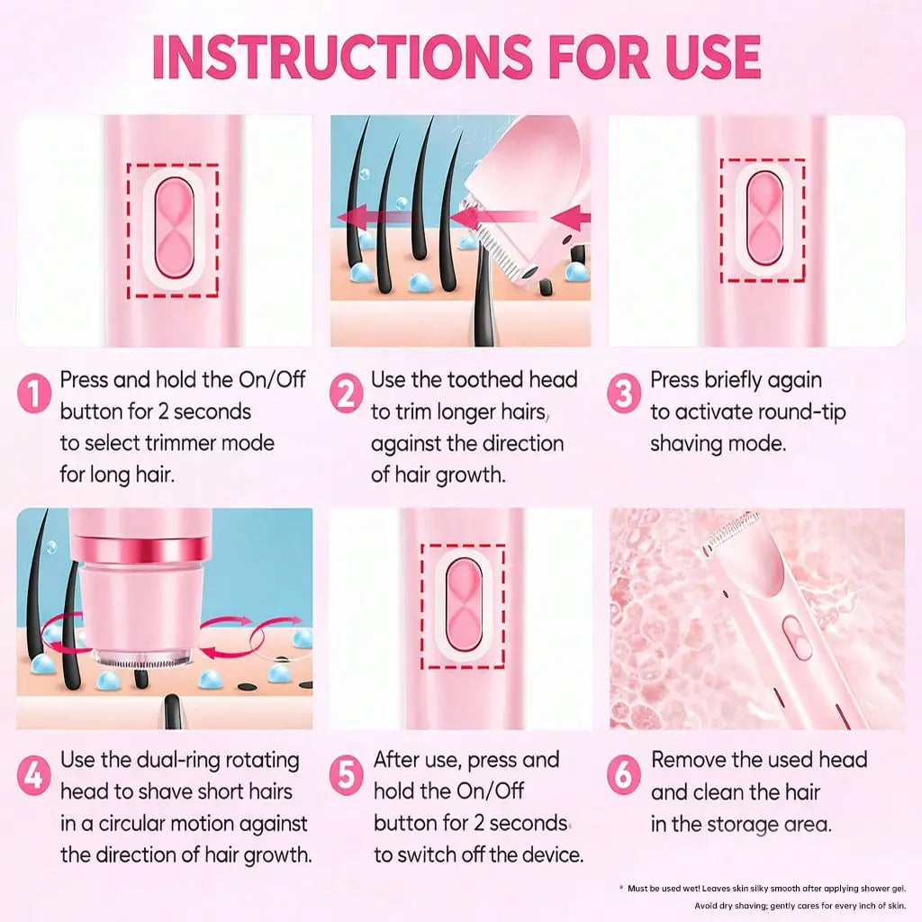 Women's Bikini Trimmer, Women's Electric Shaver, Replaceable Heads, Facial and Intimate Hair Trimmer, USB Rechargeable, with Base, Travel Cordless Body Shaver, Suitable for Face/Legs/Underarms, Women's Gift