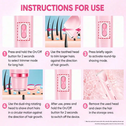 Women's Bikini Trimmer, Women's Electric Shaver, Replaceable Heads, Facial and Intimate Hair Trimmer, USB Rechargeable, with Base, Travel Cordless Body Shaver, Suitable for Face/Legs/Underarms, Women's Gift