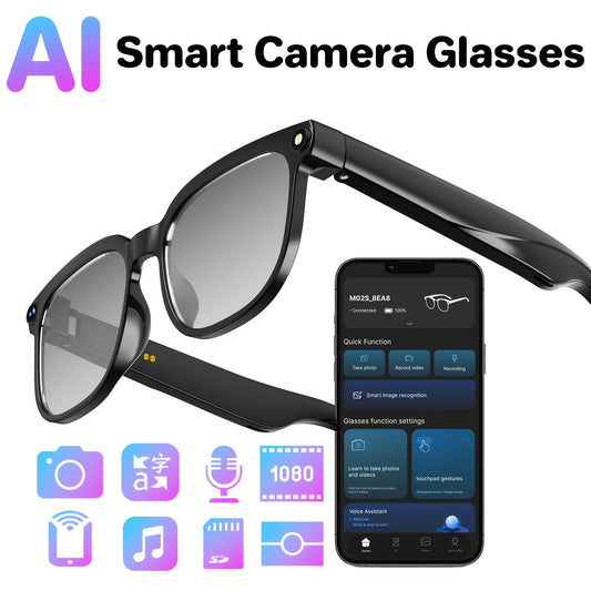 Smart camera glasses, 8-megapixel HD video recording glasses (with audio), Bluetooth-enabled photo-sensitive color-changing lenses, real-time translation, voice assistant, object recognition, and hands-free music and calls.