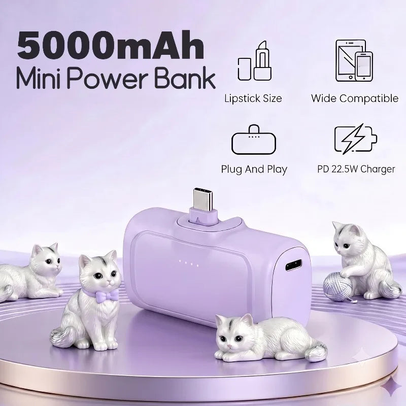 2-in-1 PD 22.5W Mini Power Bank 5000mAh, Compact Portable High Capacity External Battery Universal Charger for Travel Outdoor iPhone Samsung Android Smartphones